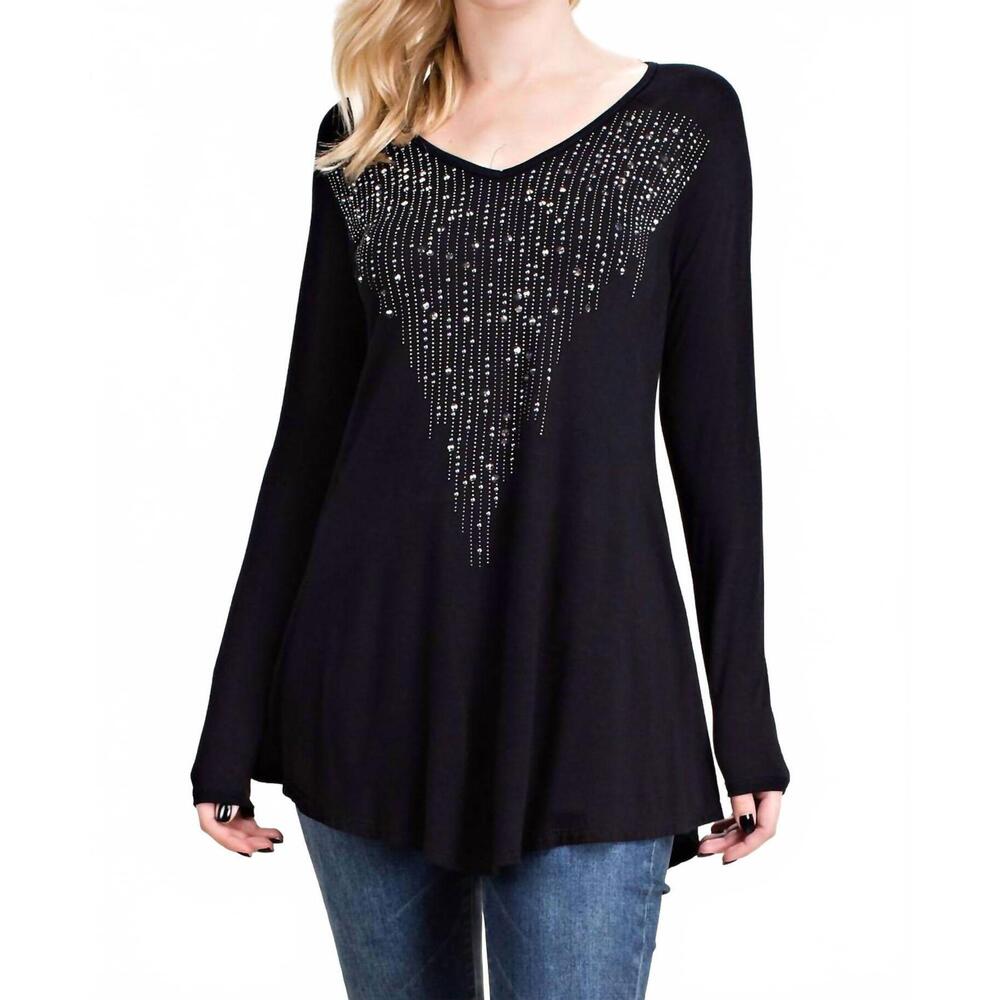 NEW VOCAL APPAREL stone accents long sleeve top in black